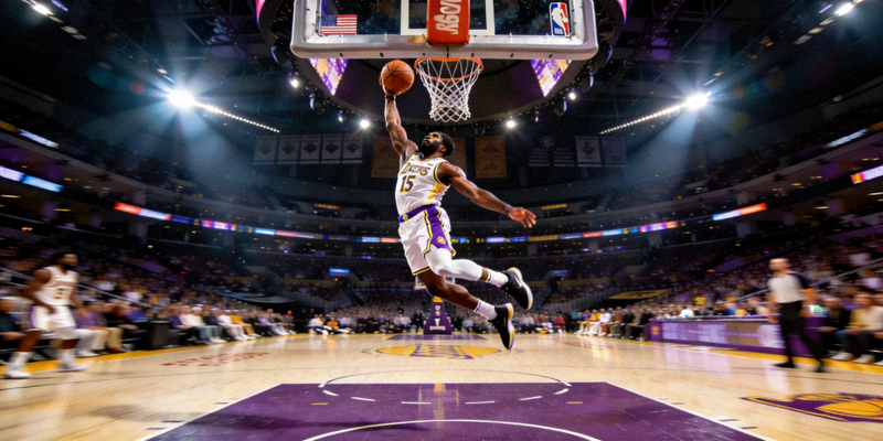 NBA篮球比赛精彩瞬间 - 球员飞跃扣篮，灯光聚焦赛场